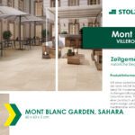 Fliesen der Serie Mont Blanc Garden in der Farbe Sahara, quadratisch angeordnet auf einem Boden.