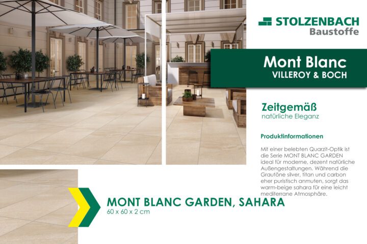 Fliesen der Serie Mont Blanc Garden in der Farbe Sahara, quadratisch angeordnet auf einem Boden.