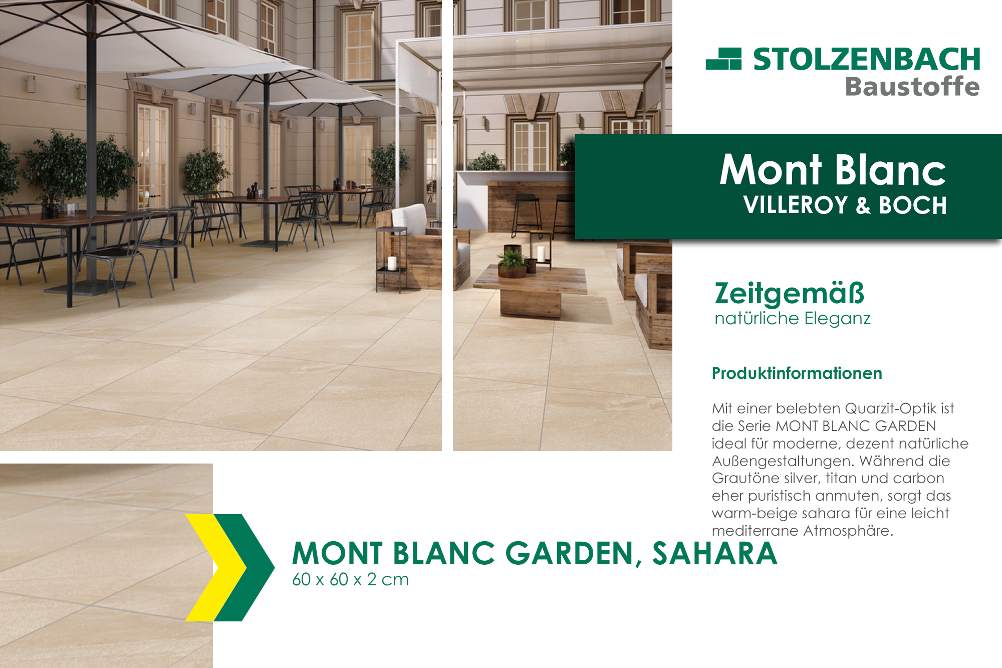 Fliesen der Serie Mont Blanc Garden in der Farbe Sahara, quadratisch angeordnet auf einem Boden.
