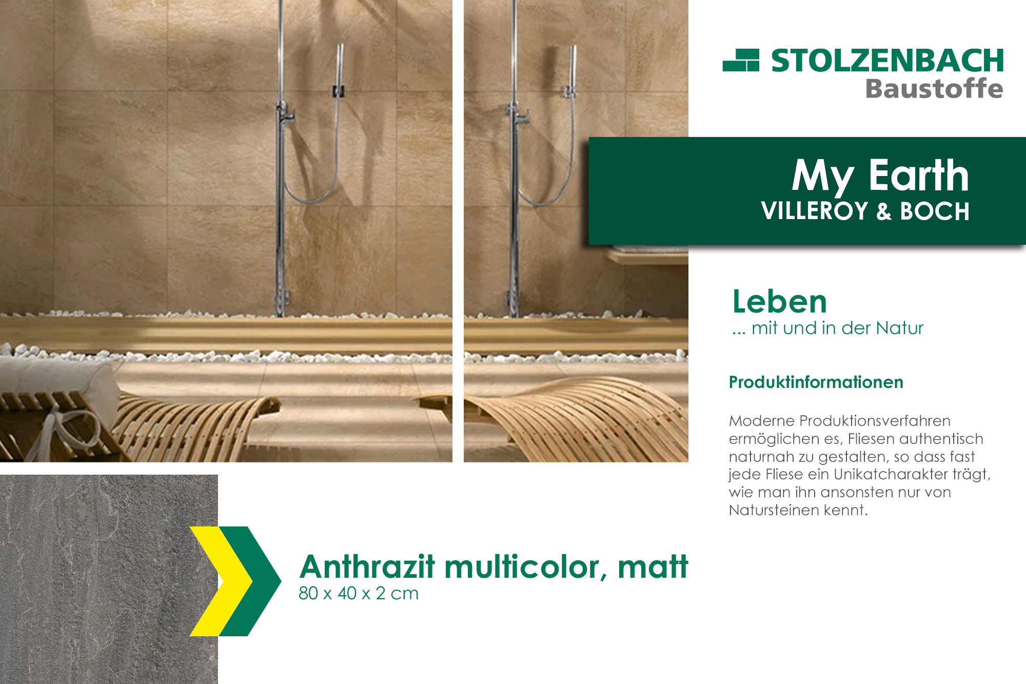 Fliese in Anthrazit Multicolor mit mattem Finish, 80x40 cm, von Villeroy & Boch.