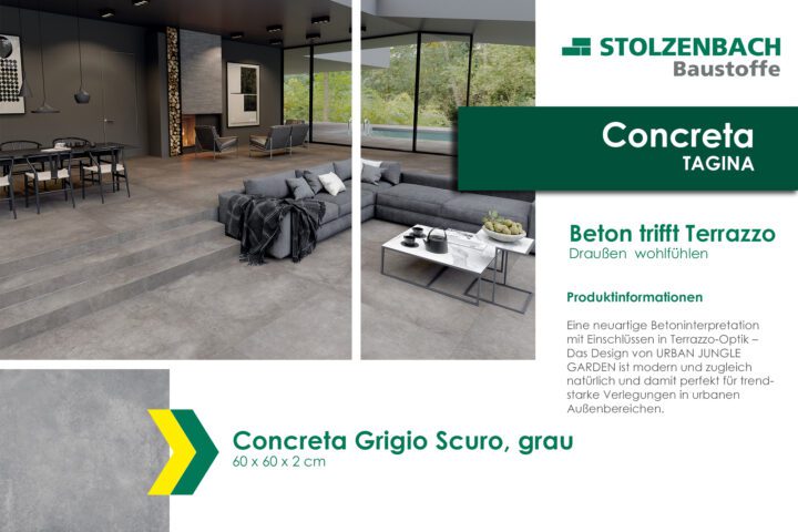 Dunkelgraue Fliese mit Terrazzo-Optik von Tagina Concreta Grigio Scuro.