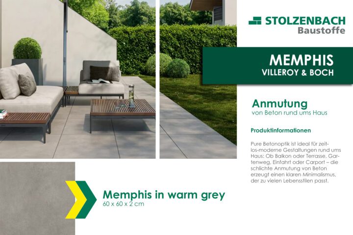 Feinsteinzeug Fliesen in warmem Grau, geeignet für Außenbereiche wie Terrassen oder Balkone.