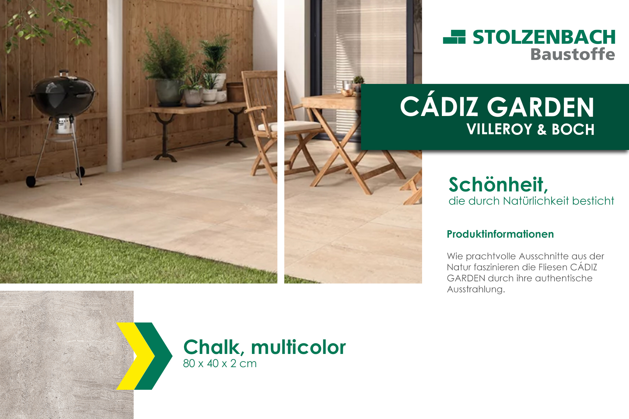 Multicolor Fliese aus Chalk mit einer Größe von 80 x 40 x 2 cm, geeignet für Gartenbereiche.