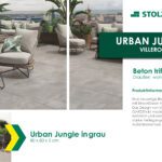 Graue Fliesen im Urban Jungle Design von Villeroy & Boch auf einer Terrasse.