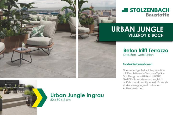 Graue Fliesen im Urban Jungle Design von Villeroy & Boch auf einer Terrasse.
