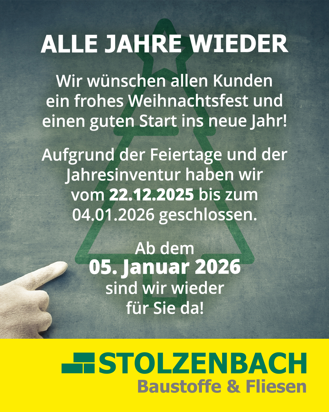 Weihnachtsgruß von Stolzenbach Baustoffe mit Informationen zur Schließung während der Feiertage und Jahresinventur.
