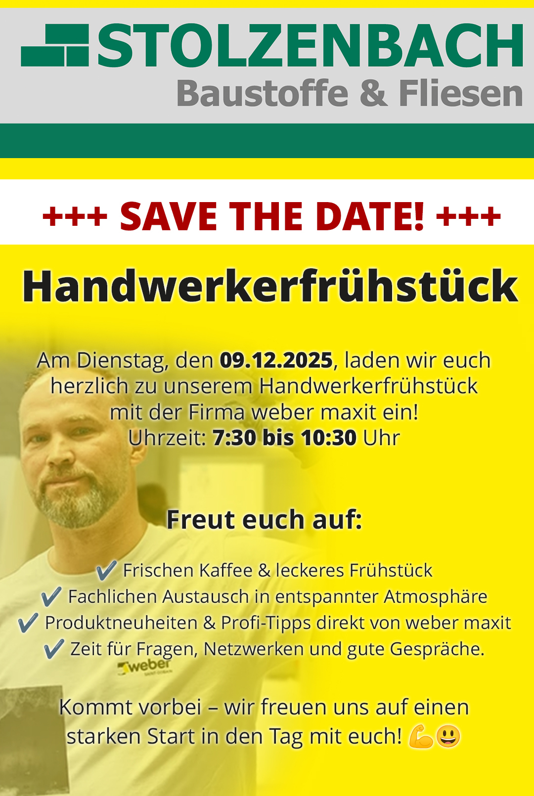 Ein Werbeplakat für ein Handwerkerfrühstück mit Informationen zu Datum, Uhrzeit und Themen.