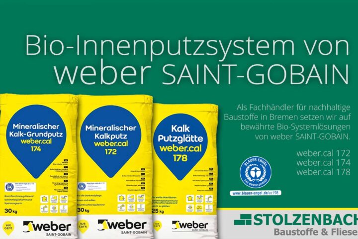 Weber.cal Kalkputz-System 172, 174 und 178 für ökologischen Innenausbau bei Stolzenbach Baustoffe Bremen.