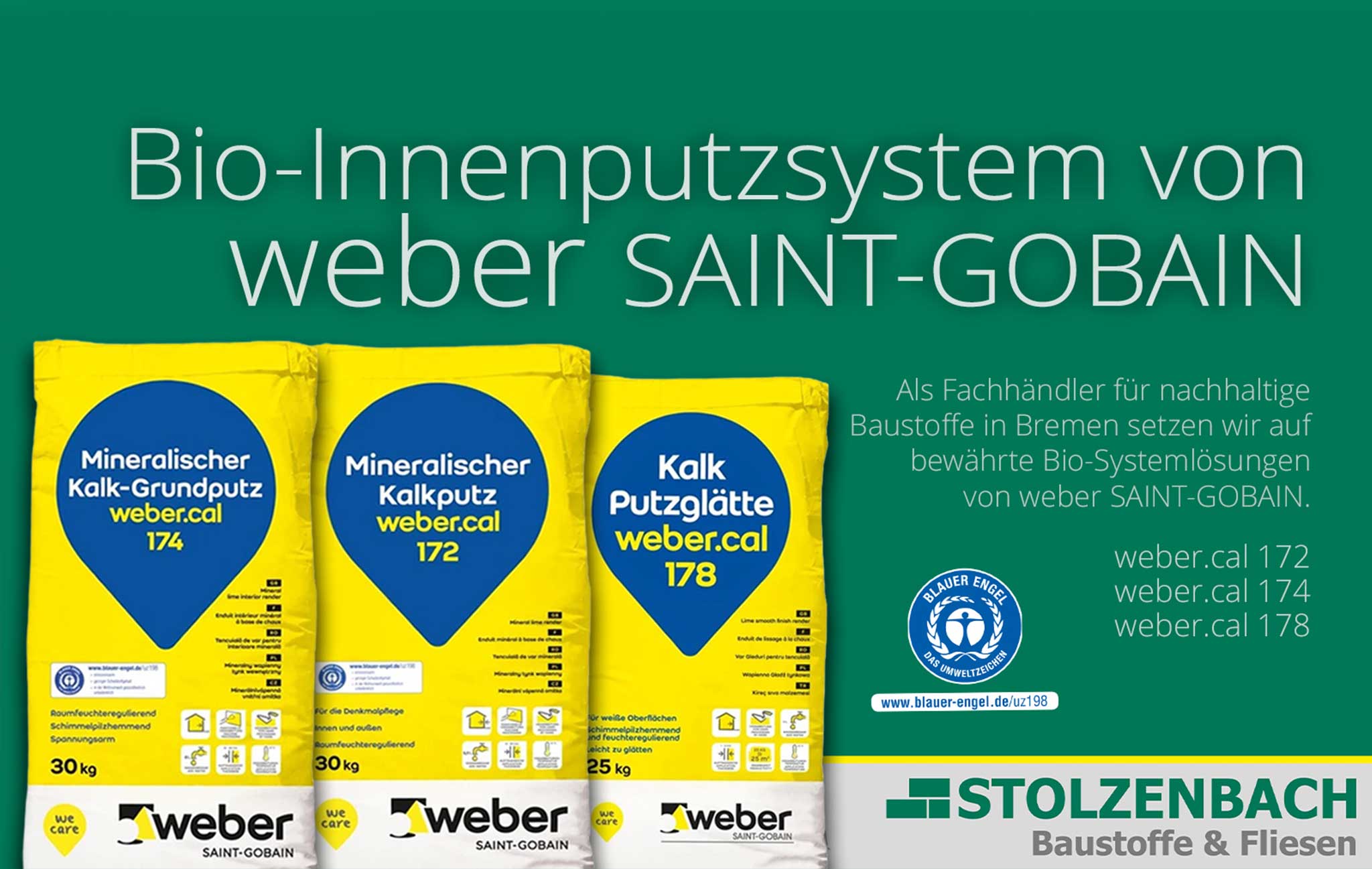 Weber.cal Kalkputz-System 172, 174 und 178 für ökologischen Innenausbau bei Stolzenbach Baustoffe Bremen.