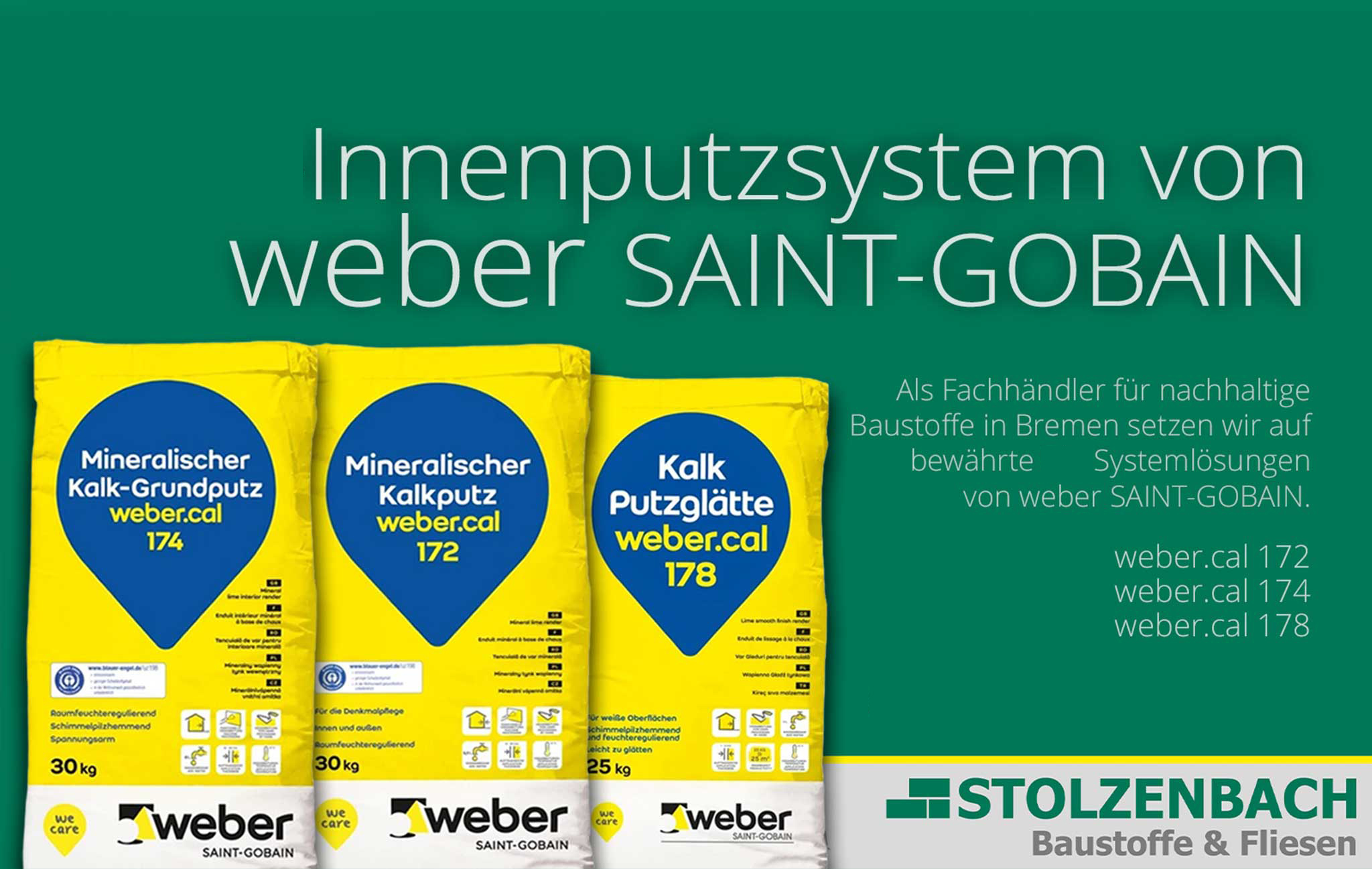 Weber.cal Kalkputz-System 172, 174 und 178 für Ihren Innenausbau bei Stolzenbach Baustoffe Bremen.