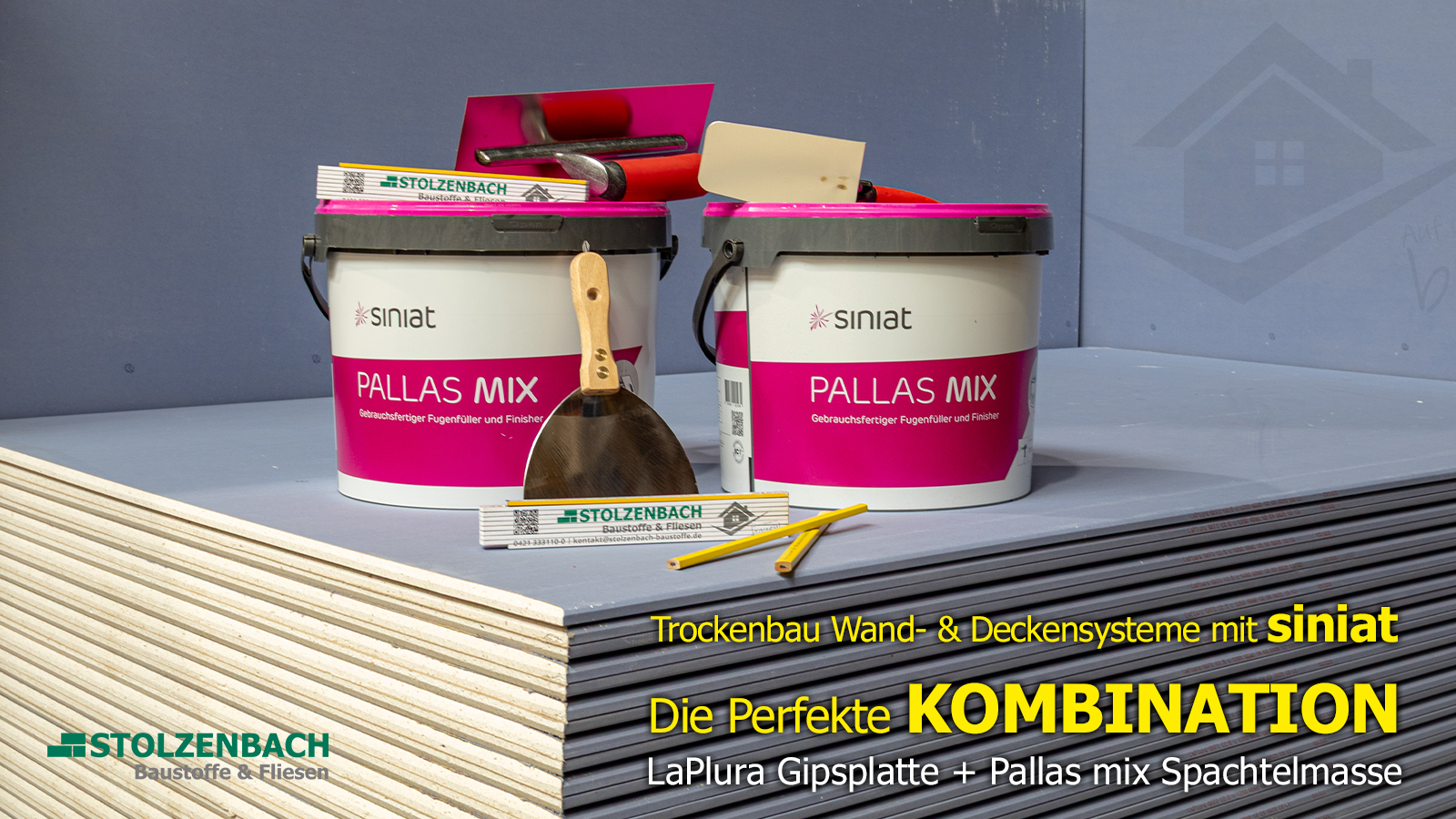 Siniat LaPlura Gipsplatten und Pallas Mix Spachtelmasse für Trockenbau Wand- und Deckensysteme bei Stolzenbach Baustoffe Bremen