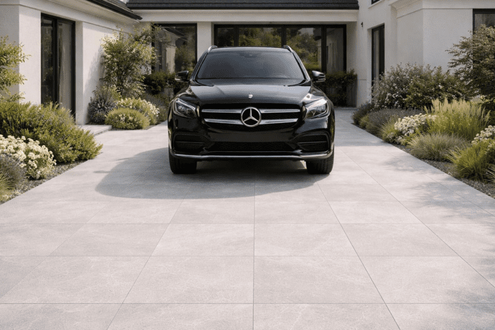 Einfahrt und Vorplatz mit Keramik-Terrassenplatten HAT-89 in grauer Natursteinoptik und einem schwarzen Auto.