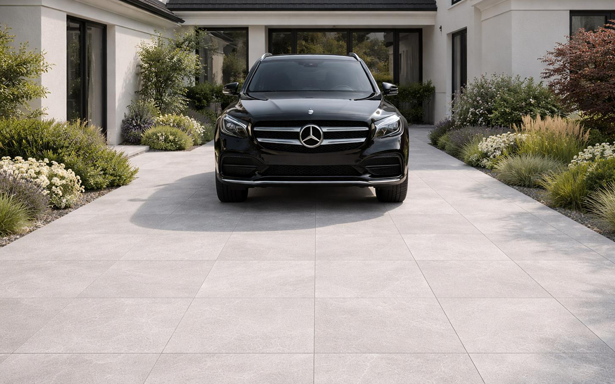 Einfahrt und Vorplatz mit Keramik-Terrassenplatten HAT-89 in grauer Natursteinoptik und einem schwarzen Auto.