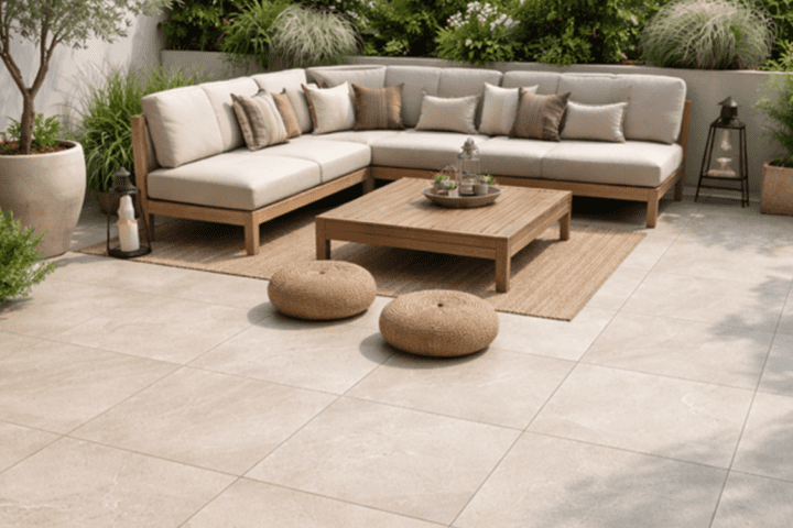 Modern gestaltete Terrasse mit Keramik-Platten HAT-90 Cream im Format 90x90 cm vor einer Gartenlounge.