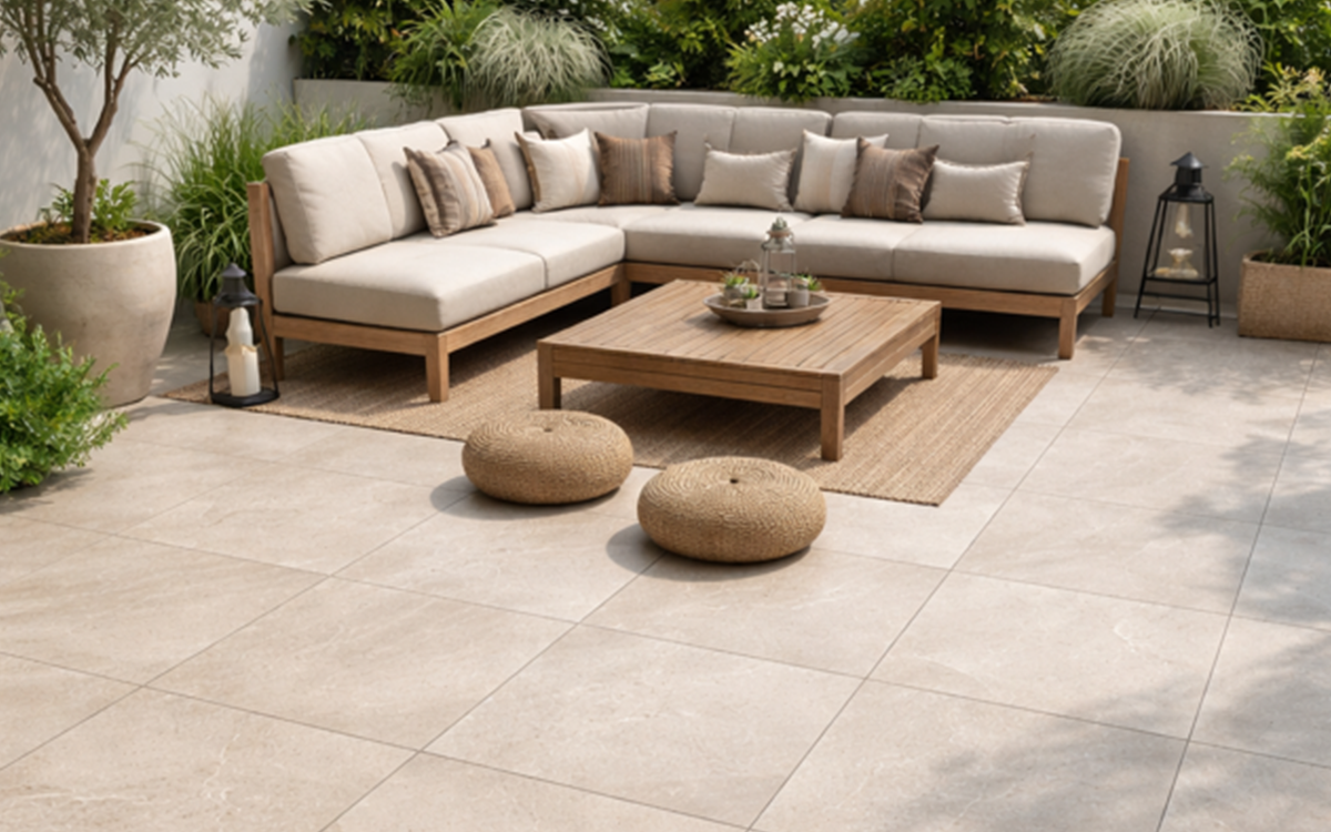 Modern gestaltete Terrasse mit Keramik-Platten HAT-90 Cream im Format 90x90 cm vor einer Gartenlounge.