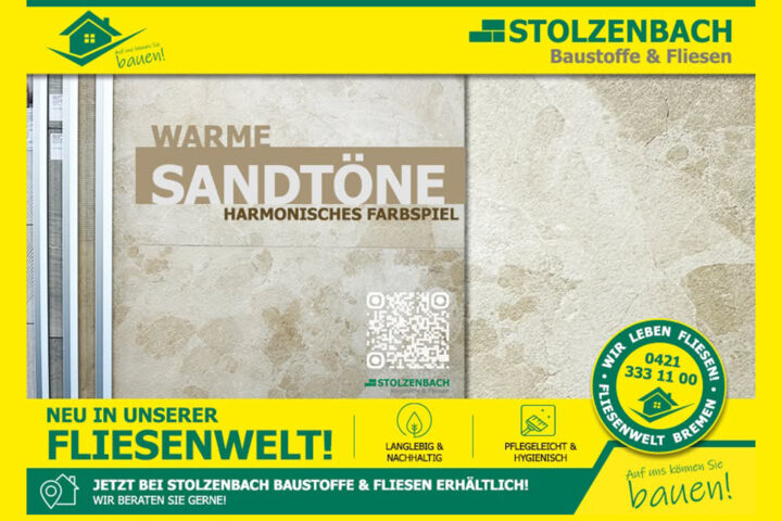 Fliese in warmen Sandtönen mit authentischer Natursteinoptik in der Fliesenwelt Bremen