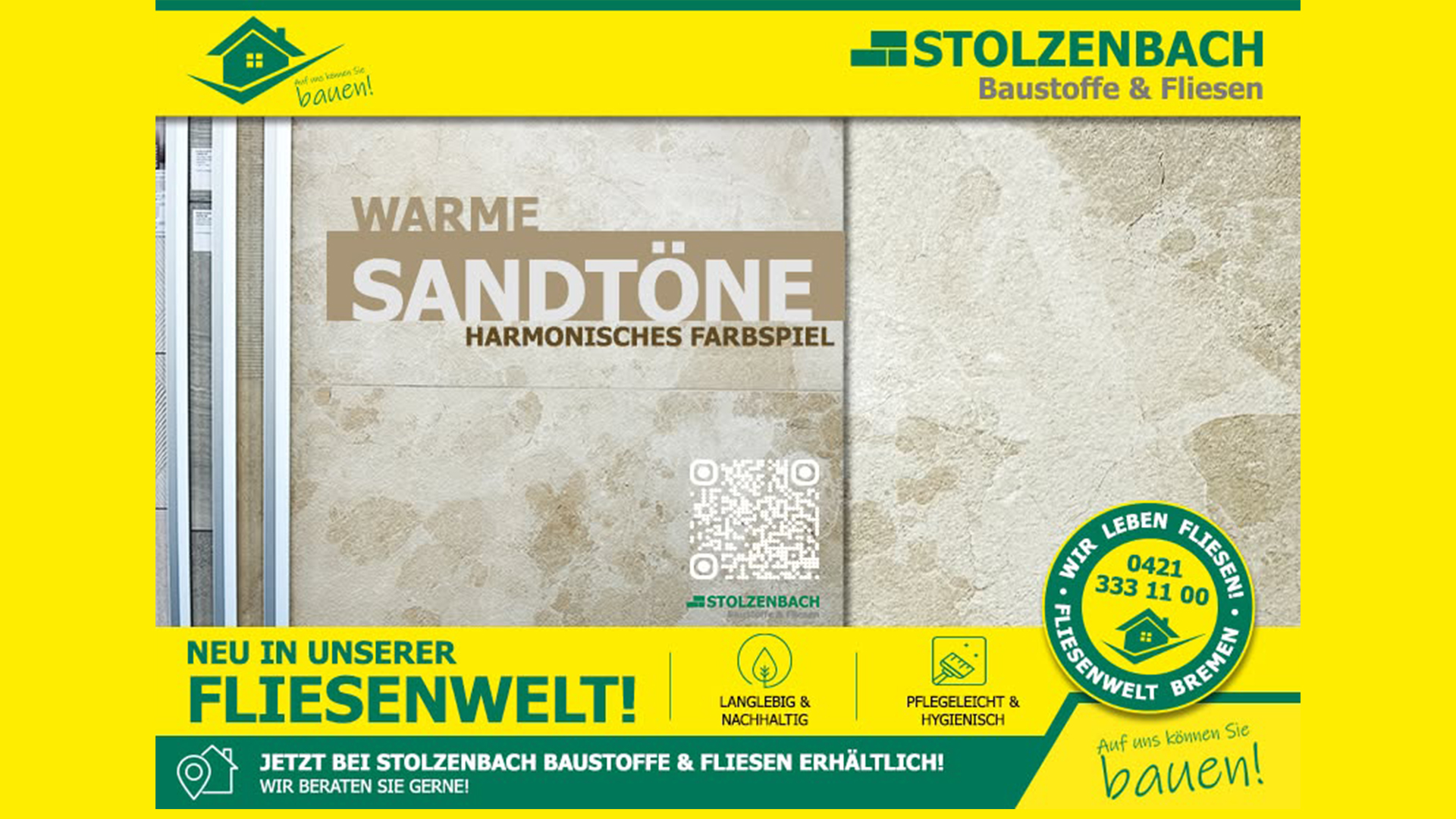 Fliese in warmen Sandtönen mit authentischer Natursteinoptik in der Fliesenwelt Bremen